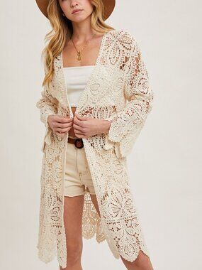 CO1990 BluIvy Natural Crochet Open Front Bell Sleeved Cardigan Various Sizes